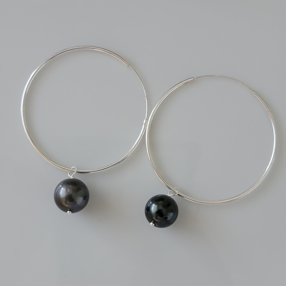 New Large Hoop Tahitian Pearl Earrings Sterling Silver - Picture 7 of 11
